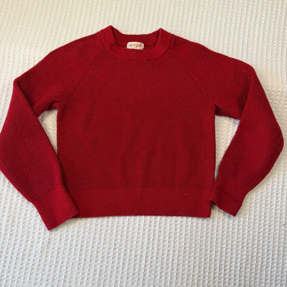 Cat & Jack Kids Red Metallic Shimmer Crewneck Raglan Sweater Size S 6/7